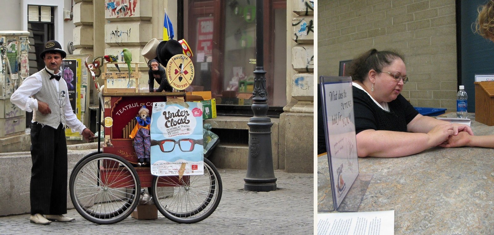 Left: a fortune teller with fortune-telling parrots on Lipscani Street, Bucharest (Alexandru Panoiu, CC BY-SA 2.0). Right: “Librarian by day, palm reader by night” (college.library, CC BY 2.0). Via Wikimedia Commons.