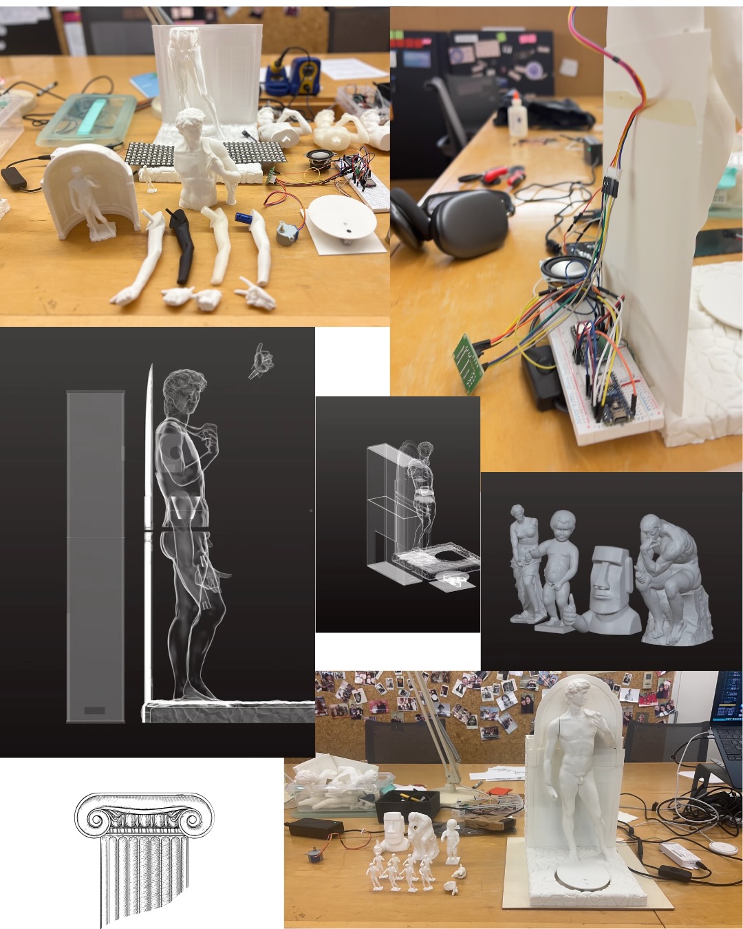Iteration process — 3D printed parts, Arduino wiring, Blender renders, multiple prototypes